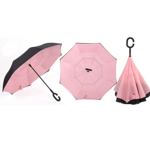 Jiji Umbrella Handle Windproof Reverse Folding Umbrella Man Women Sun Rain Car Inverted Umbrellas Double Layer Anti UV Self Stand Parapluie Windproof Rain Umbrella Color : D 